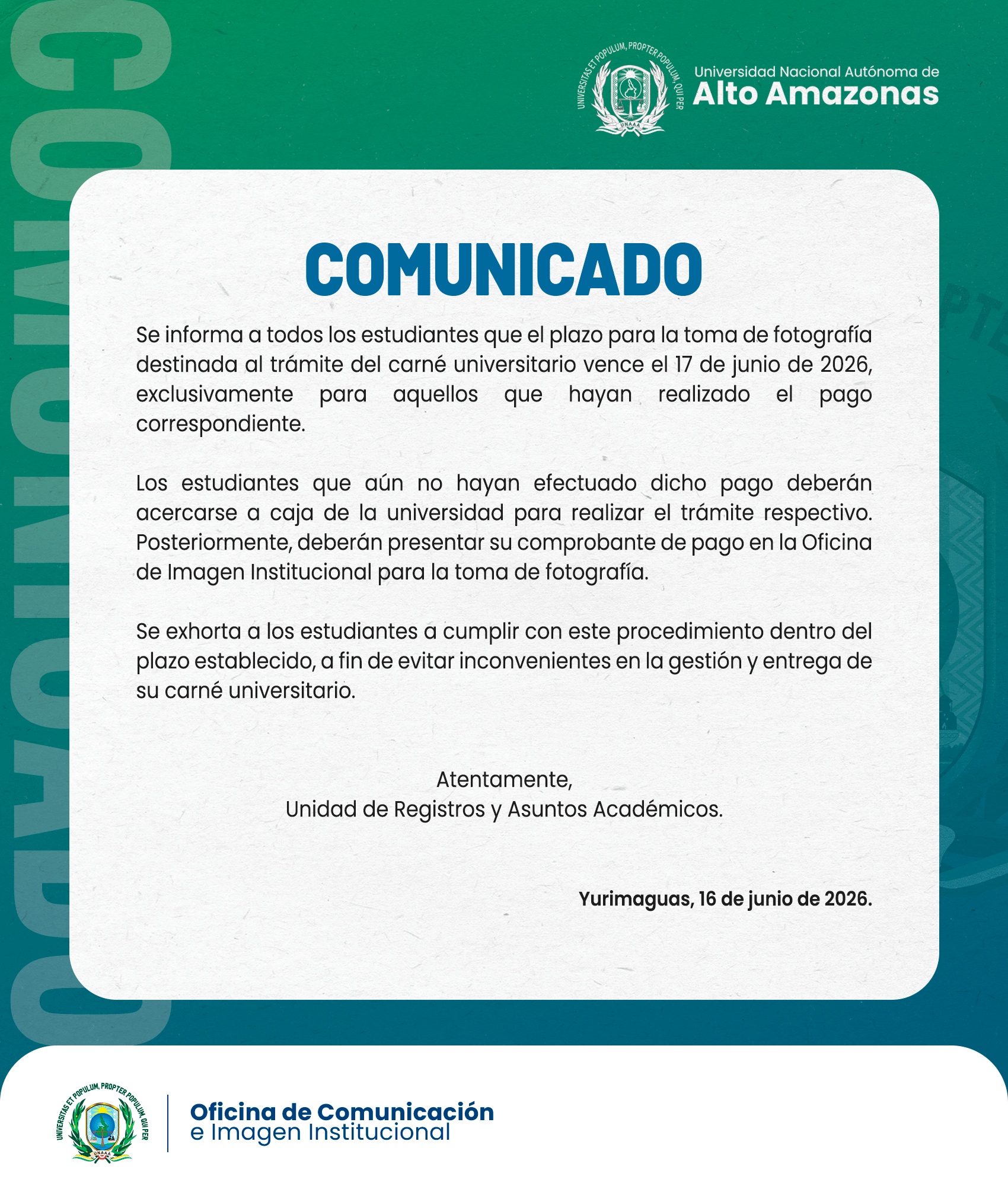 COMUNICADO CARNÉ UNIVERSITARIO